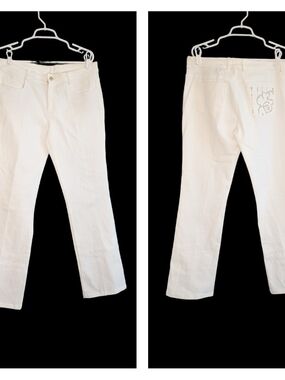 St. John Jeans White Denim Floral Rhinestone Pocket Bootcut Jeans Size 10